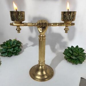 Vintage Brass Double Candle Holder Brass Hold to the Rod Hand Fist Masonic Mason